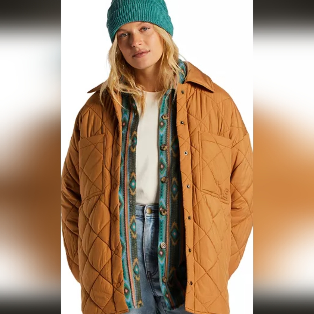 Billabong Quilted Puffer Jacket in Camel with Teal Accents